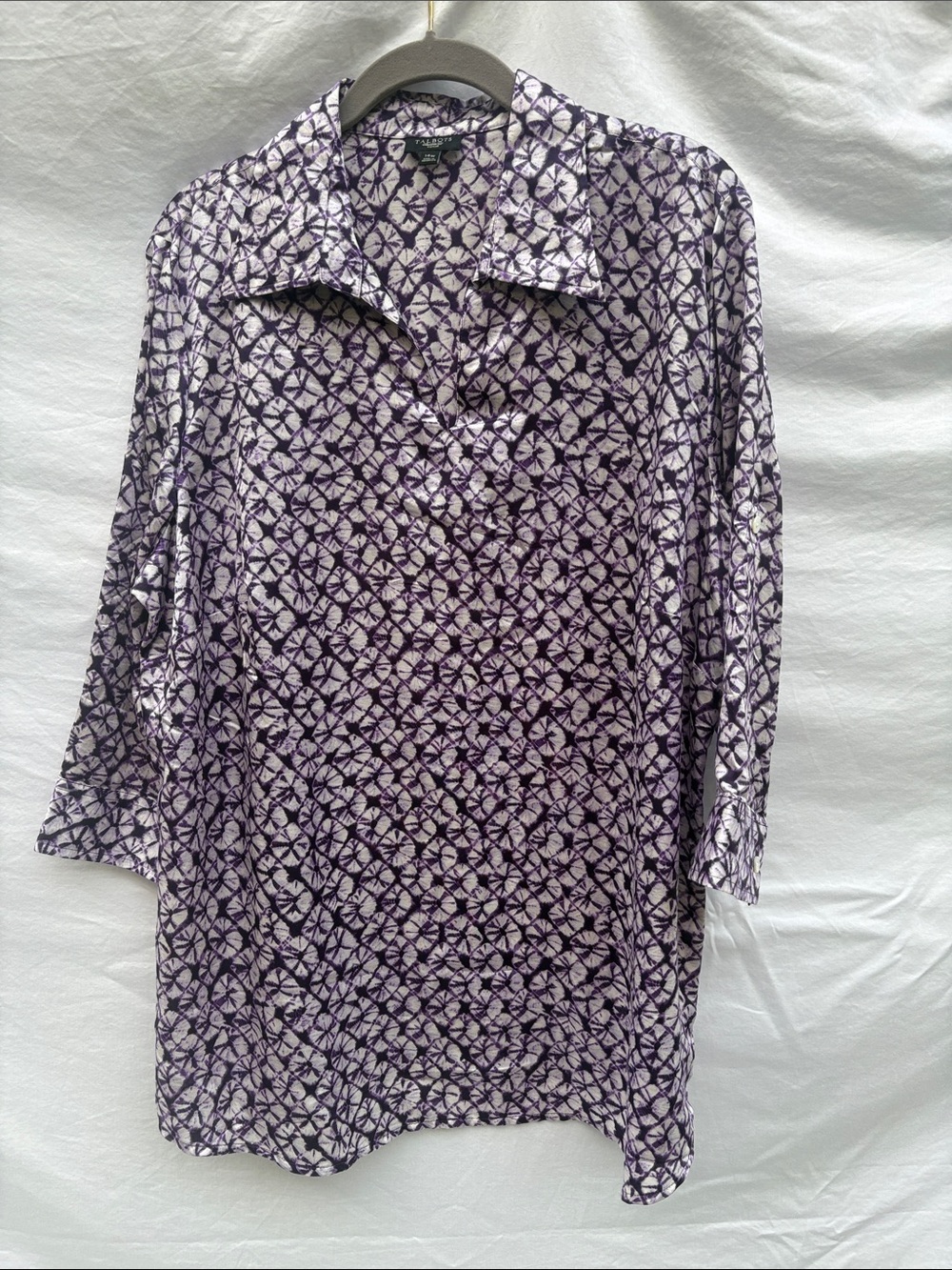 Talbots Purple and White Printed Open Neck Top
